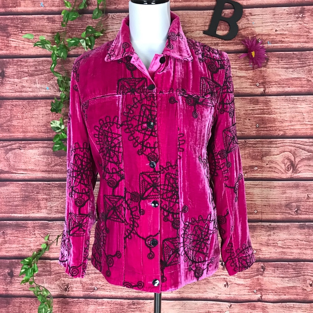 Chico's Pink Velvet Blazer with Black Embroidery